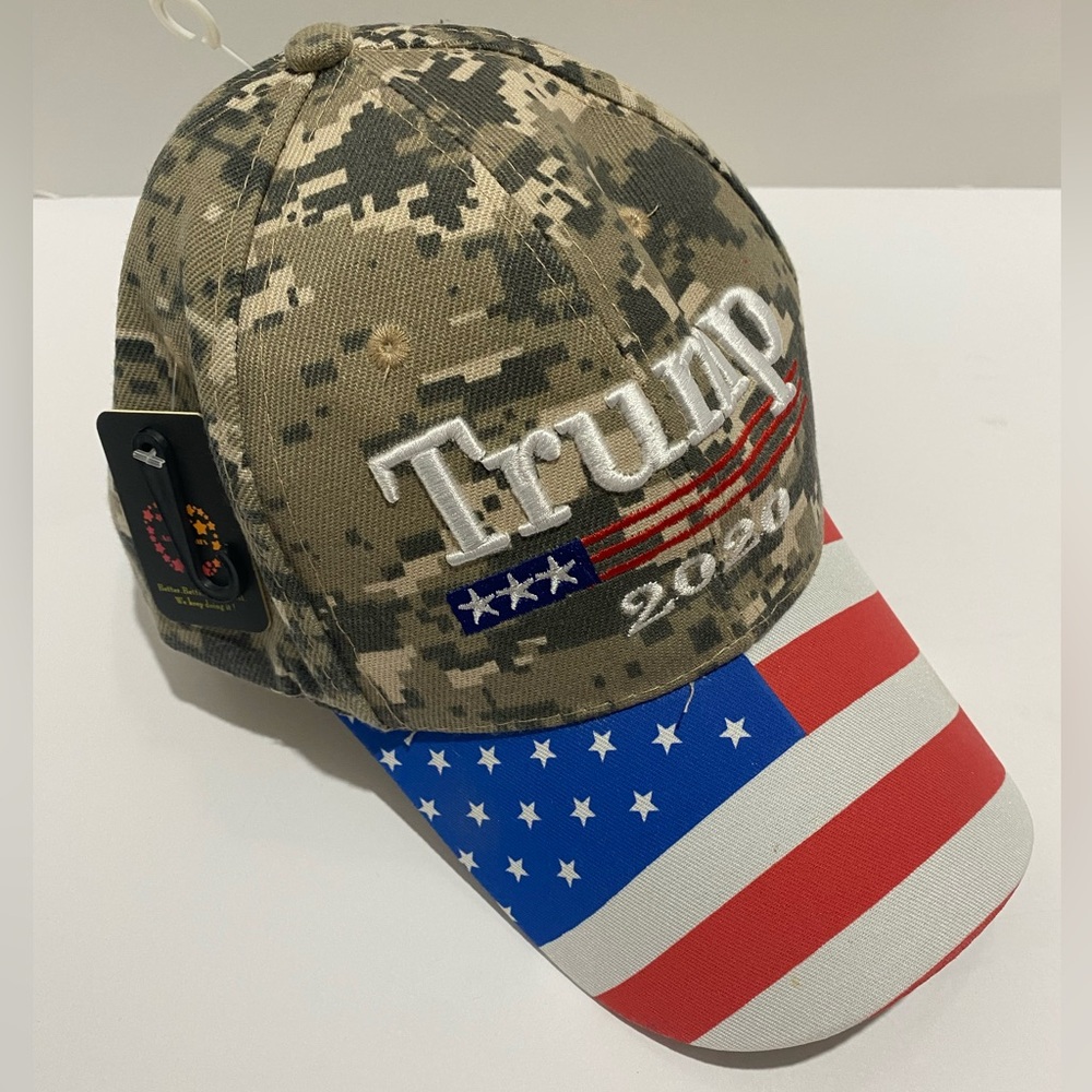 NWT Trump 2020 Camoflauge Baseball Cap Flag Bill Hook & Loop Closure